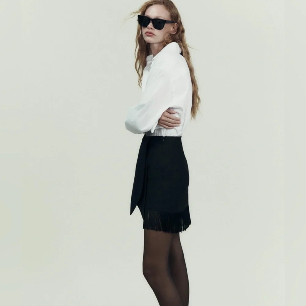 Zara Elegant Black Fringe Mini Skirt